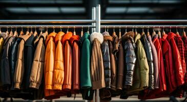 AI generated coats are lined up on a rack outside, photo
