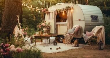 ai generado camper decoración ideas para tu patio interior, rústico cámping en el bosque foto