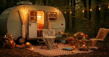 AI generated camper decor ideas for your backyard, rustic camping in the forest photo