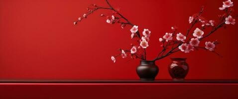 AI generated blooming plum blossoms on the red wall photo
