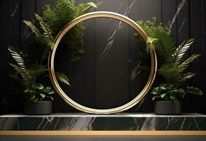 ai generado negro mármol dorado circular marco con plantas foto