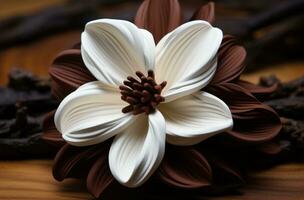 AI generated an unscented, white vanilla flower on a wooden surface photo