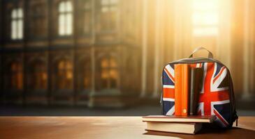 ai generado un naranja mochila sentado en un mesa con libro y Unión bandera en eso foto