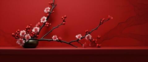 AI generated blooming plum blossoms on the red wall photo