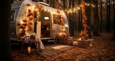 AI generated an old class camper set up in the woods along with table and a lot of accessories photo