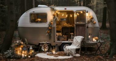 AI generated an old class camper set up in the woods along with table and a lot of accessories photo