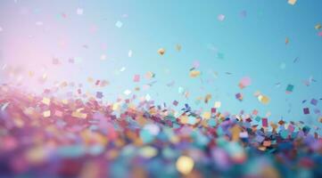 AI generated showing colorful confetti falling on a blue background, photo