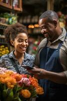 AI generated a happy vendor swiping a customer's card using a mobile card reader at a local shop photo