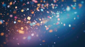 AI generated showing colorful confetti falling on a blue background, photo