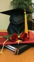 AI generated a diploma and graduation cap, representing the hard work and dedication put into earning photo