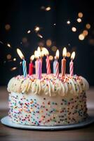 AI generated a birthday cake with candles lit, signifying the celebration of another year of life photo