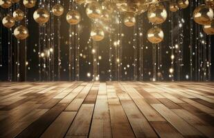 AI generated an empty dance floor with sparkling gold balls photo