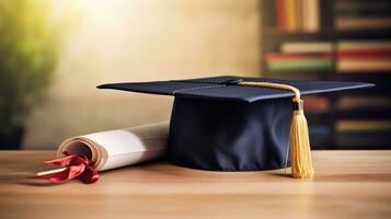 ai generado un diploma y graduación gorra, representando el difícil trabajo y Dedicación poner dentro ganador foto