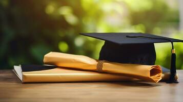 ai generado un diploma y graduación gorra, representando el difícil trabajo y Dedicación poner dentro ganador foto