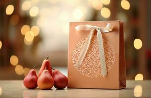 AI generated a basket of gifts and red bag with pomegranate photo