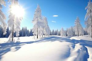 ai generado un invierno escena con azul cielo y Nevado arboles foto