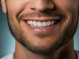 ai generado un hombre sonriente con su dientes bien recortado foto
