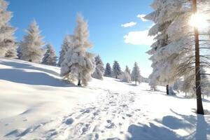 ai generado un invierno escena con azul cielo y Nevado arboles foto