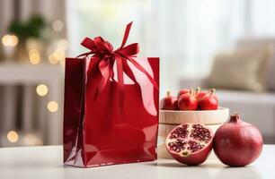 AI generated gift ideas for friends and family with a red shopping bag and pomegranate photo