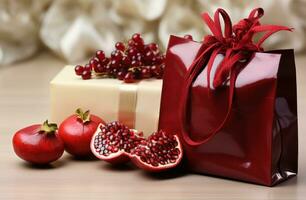 AI generated gift ideas for friends and family with a red shopping bag and pomegranate photo