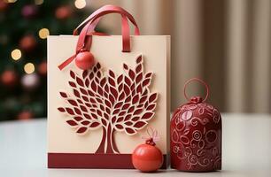 ai generado regalo ideas para amigos y familia con un rojo compras bolso y granada foto