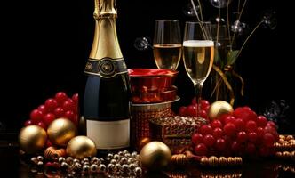 AI generated a bottle of red wine on a table and gold balls on top photo