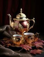 ai generado oro té conjunto incluye plata tazas y cristalería foto