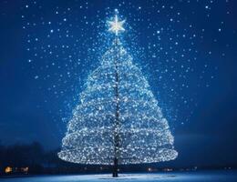 AI generated a tree decorated with lights with blue sky and starry lights photo