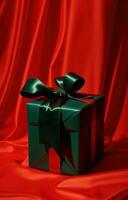 AI generated a gift box in the shape of a ribbon is on a red and black silk background photo