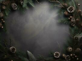ai generado un Navidad guirnalda con pino ramas y pino conos en el superficie foto