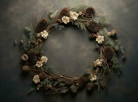 AI generated a christmas wreath with pine branches and pine cones on the surface photo