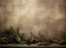 AI generated rustic pine branches and pine cones on a natural background photo