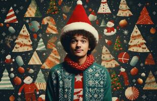 ai generado hombre en Papa Noel sombrero con un Navidad árbol foto