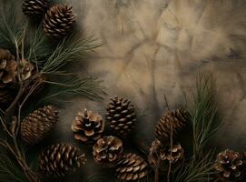 AI generated rustic pine branches and pine cones on a natural background photo