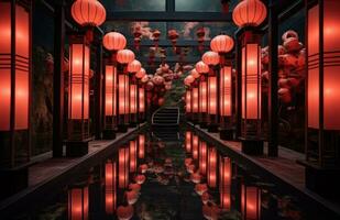 AI generated a beautiful corridor with red and light red lanterns photo