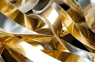 AI generated a close up image of some paper strips in gold and silver shapes photo