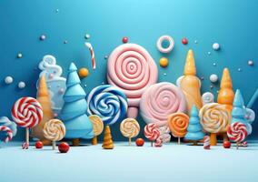 AI generated many shaped cookies decorated with colorful candy and candy canes photo