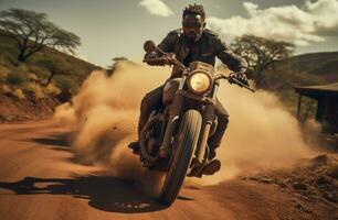 ai generado un negro hombre montando un motocicleta abajo un suciedad la carretera foto