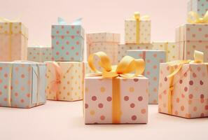 AI generated pink, brown and white polka dot boxes wrapped in papers photo