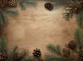 AI generated rustic pine branches and pine cones on a natural background photo