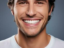 AI generated smiling young man with porcelain veneers. photo