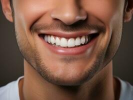 AI generated smiling young man with porcelain veneers. photo