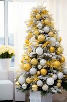 AI generated gold disco balls on a white christmas tree photo