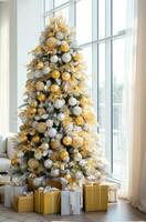 AI generated gold disco balls on a white christmas tree photo