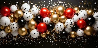 AI generated christmas black gold glitter gold metallic decorations. photo