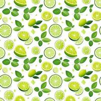 AI generated green and white leaves with slices of lime seamless pattern background photo