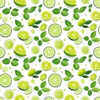 AI generated green and white leaves with slices of lime seamless pattern background photo