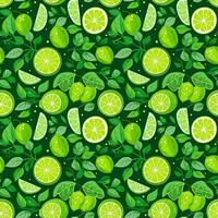 AI generated green and white leaves with slices of lime seamless pattern background photo