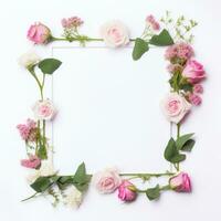 AI generated floral frame on a white background with pink roses and green photo