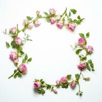 ai generado floral marco en un blanco antecedentes con rosado rosas y verde foto